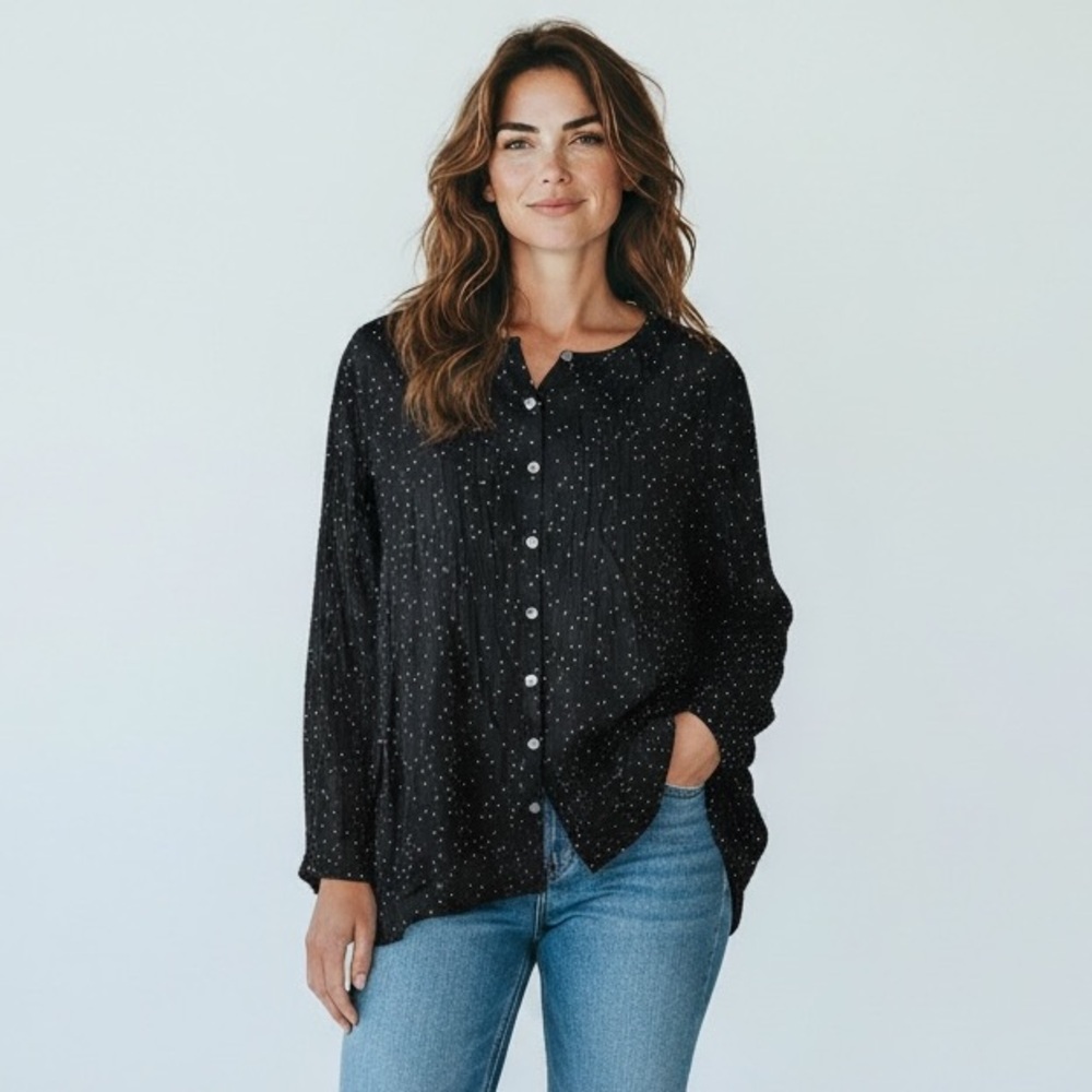 J. Jill Black & White Polka Dot Relaxed Fit Blouse Top Size Small Office Casual